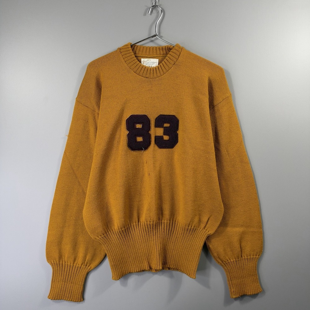 Vintage 70s 80s Sand-Knit Sweater Mens XL Yellow Wool 83 Varsity Crewneck